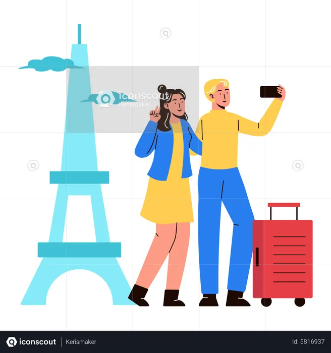 Couple Taking Selfie on Trip  Illustration