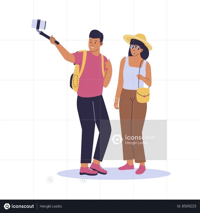 Couple taking selfie while traveling  Illustration