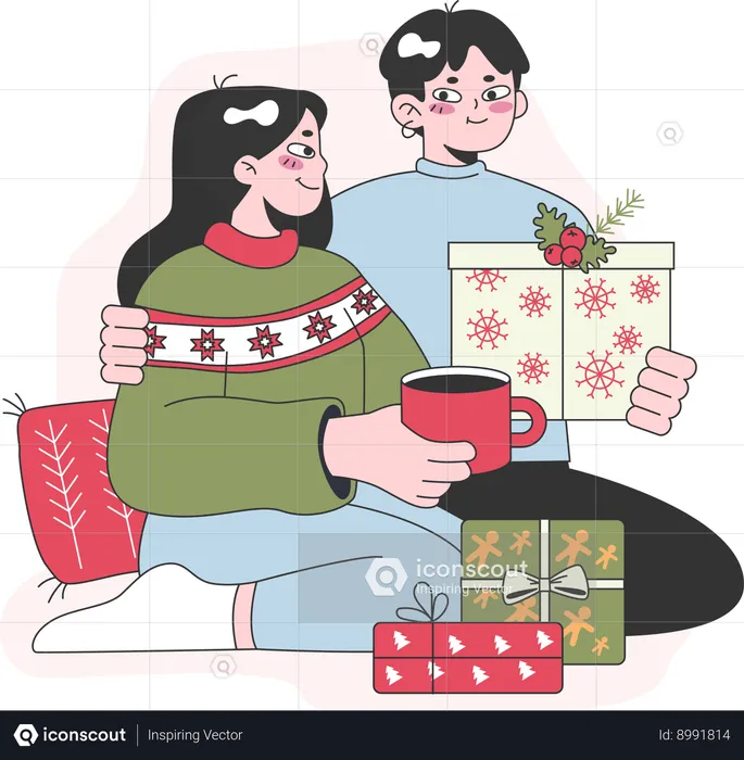 Le couple tient un cadeau de Noël  Illustration