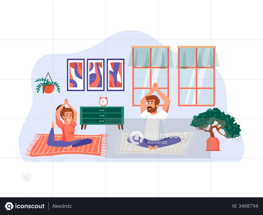 Couple together practicing yoga at home  Illustration