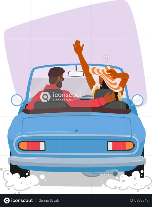 Couple Traveling By Car On Road Trip  Illustration
