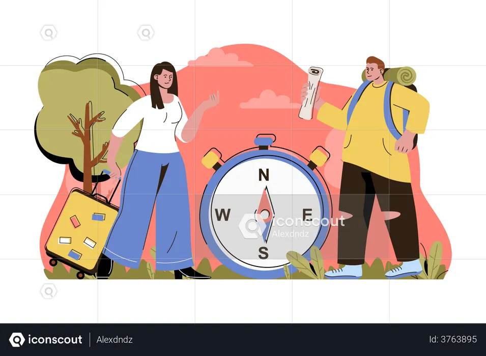 Couple travelling and using compass for direction  Illustration