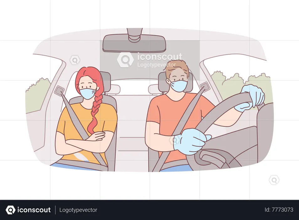 Couple travelling by car in covid  Illustration