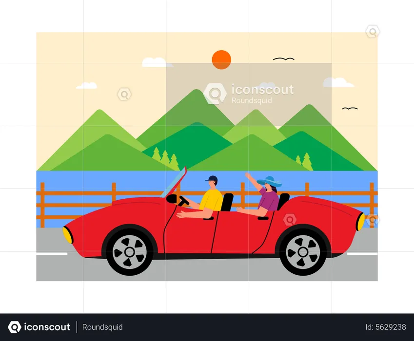 Couple travelling in car  Illustration