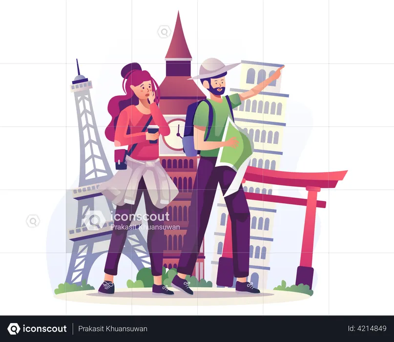 Couple travelling to different countries  Illustration