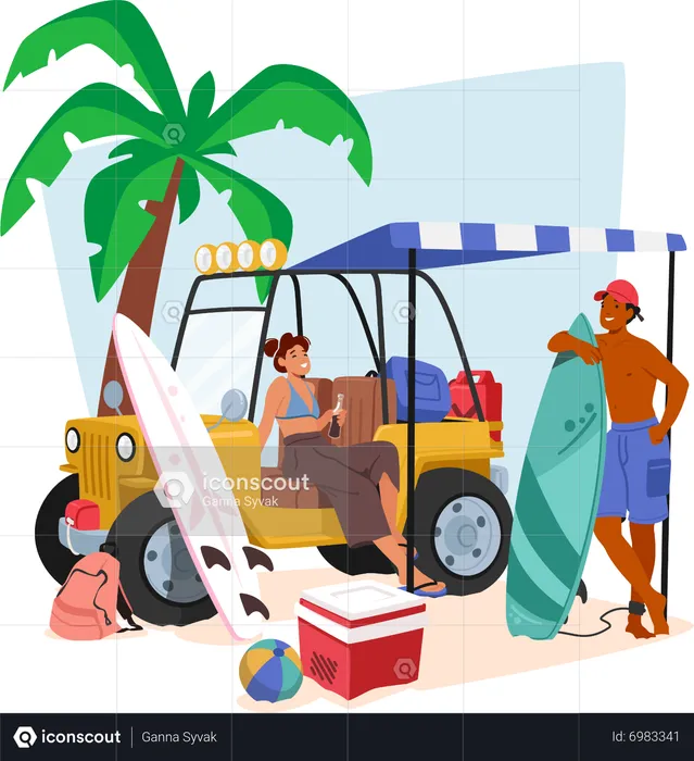 Couple Travels In Car on Beach  Illustration