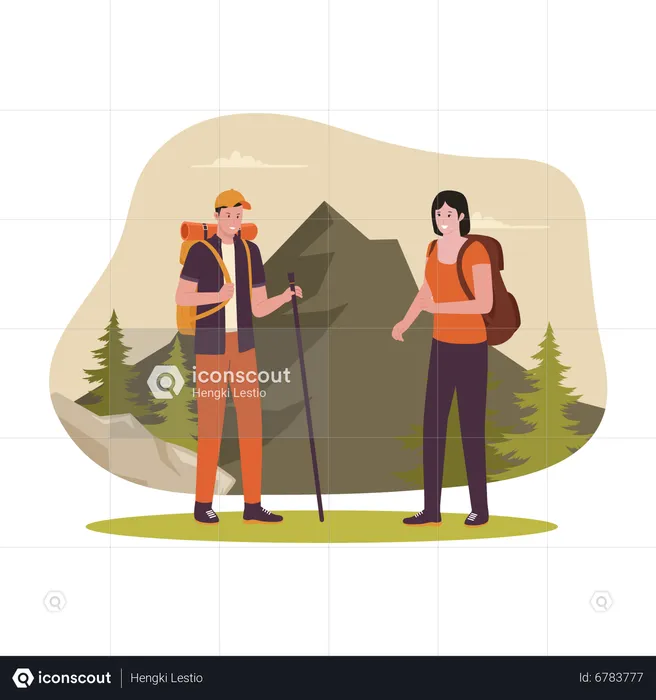 Couple trekking on mountain  Illustration