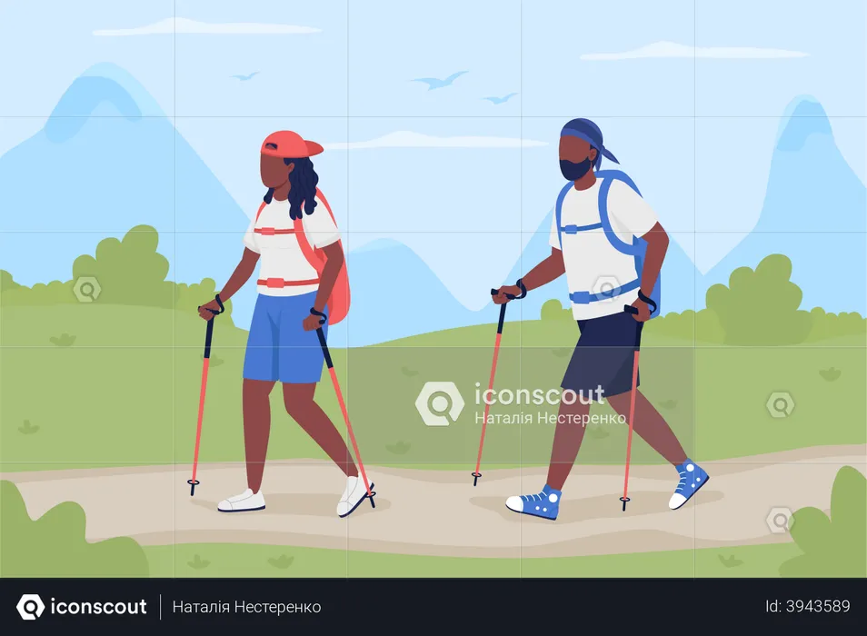 Couple trekking together  Illustration