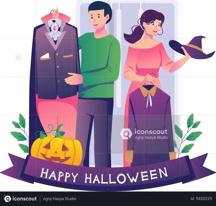 Couple trying dressed spooky outfits to prepare for the Halloween night party  Illustration