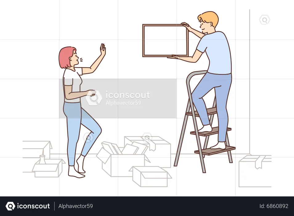 Couple unboxing house stuff  Illustration