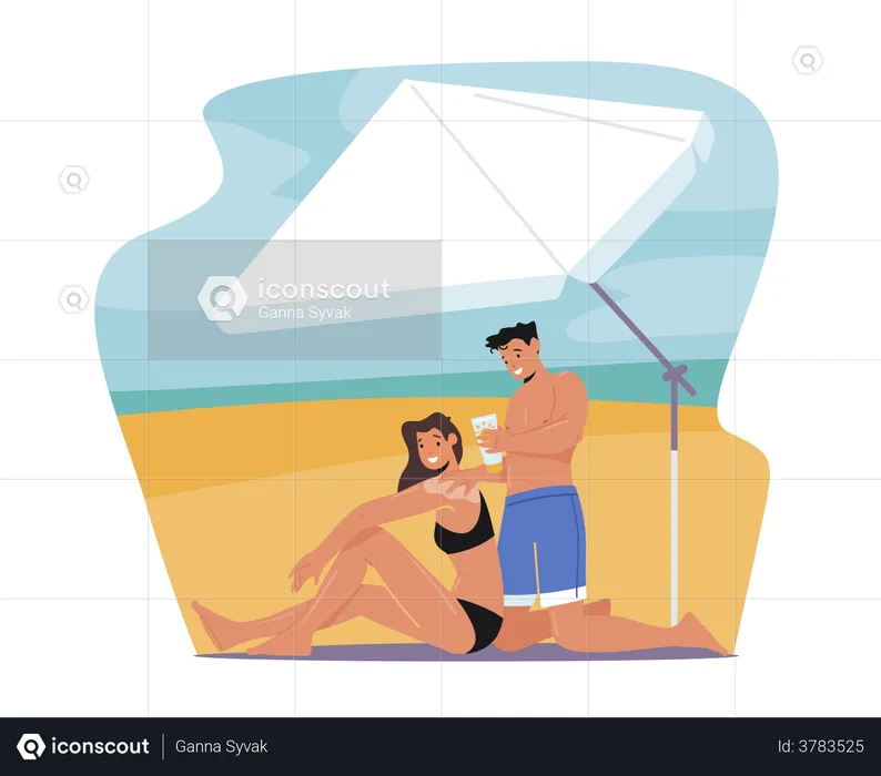 Couple Use Sun Protection Cream On Beach  Illustration