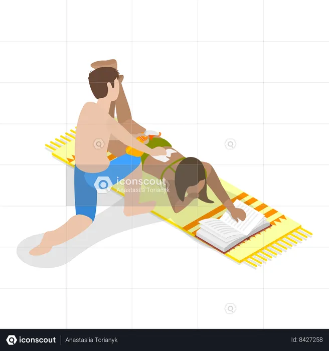 Couple use sunscreen on beach  Illustration