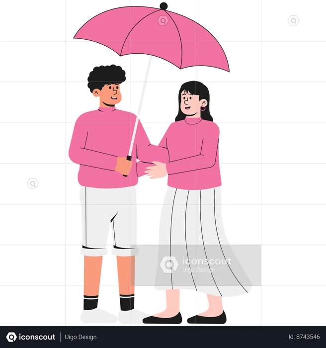 Couple Using an Umbrella on Valentine's Day  Illustration
