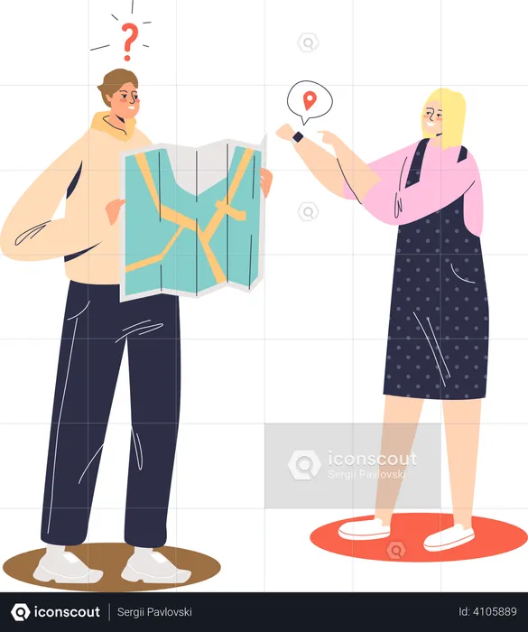 Couple using map for navigation  Illustration