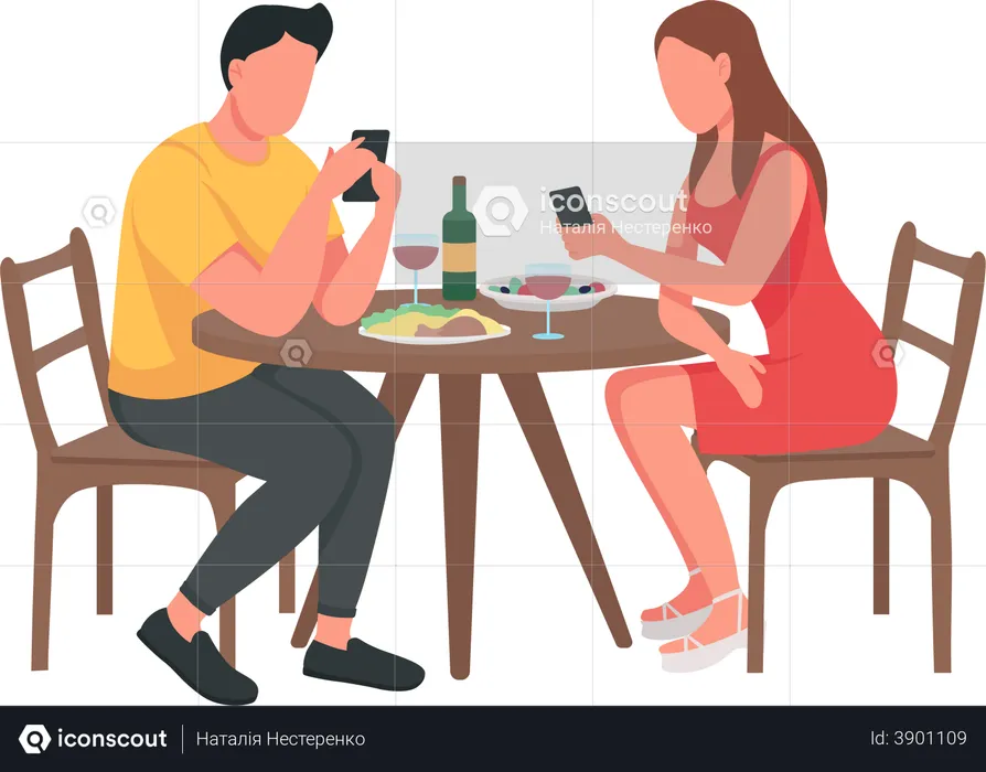 Couple Using Mobile during Date  Illustration