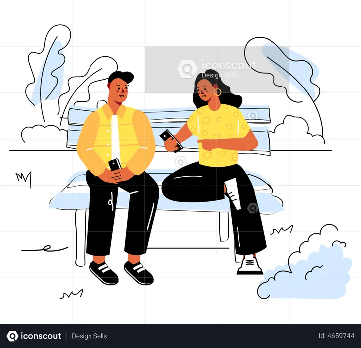 Couple using mobile in park  Illustration