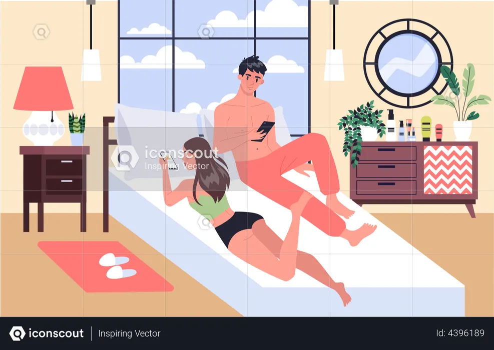 Couple using smartphone while sleeping  Illustration