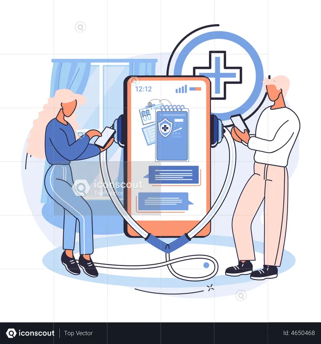 Couple utilisant une application de consultation médicale en ligne  Illustration