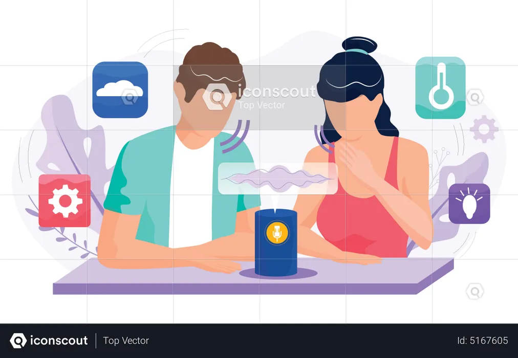 Couple utilisant le haut-parleur de l'assistant vocal  Illustration