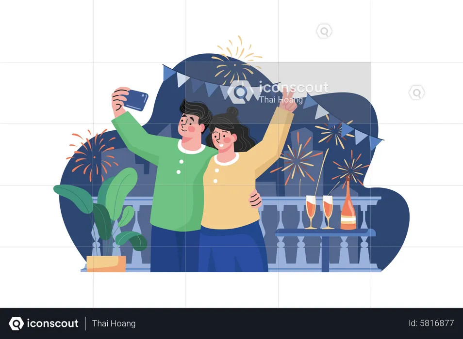 Couple Video Call On New Year  Illustration