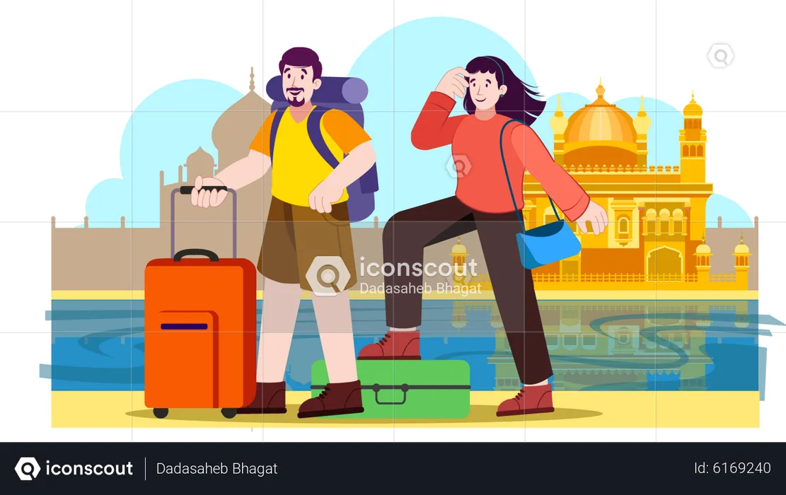 Couple visiting golden temple in India  Illustration