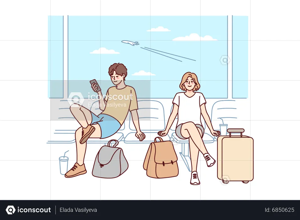 Couple waiting at airport terminal  Illustration