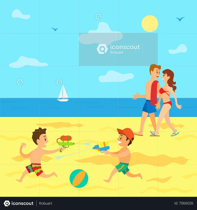 Couple walking at beach and kids playing  Illustration