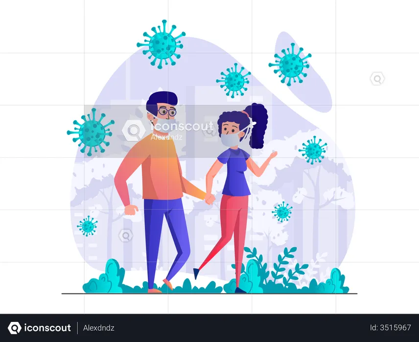 Couple walking in park wearing face mask  Illustration