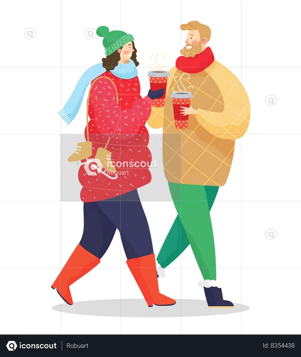 Couple Walking in Winter Park with Coffee in Cups  Illustration