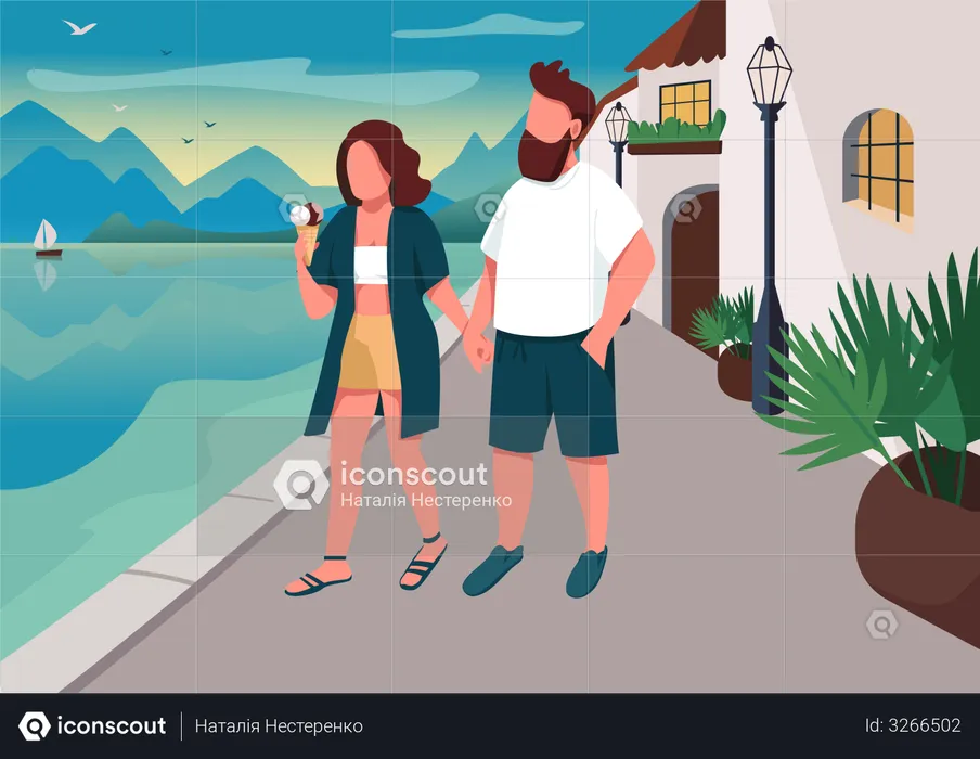 Couple walking on seafront  Illustration