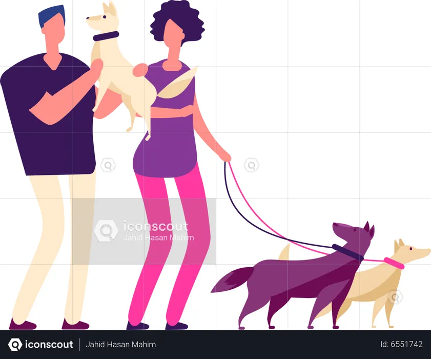 Couple walking together with dog  Illustration