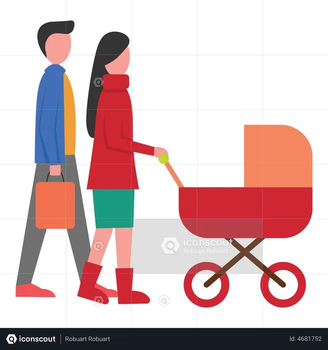 Couple walking with baby in stroller  Illustration
