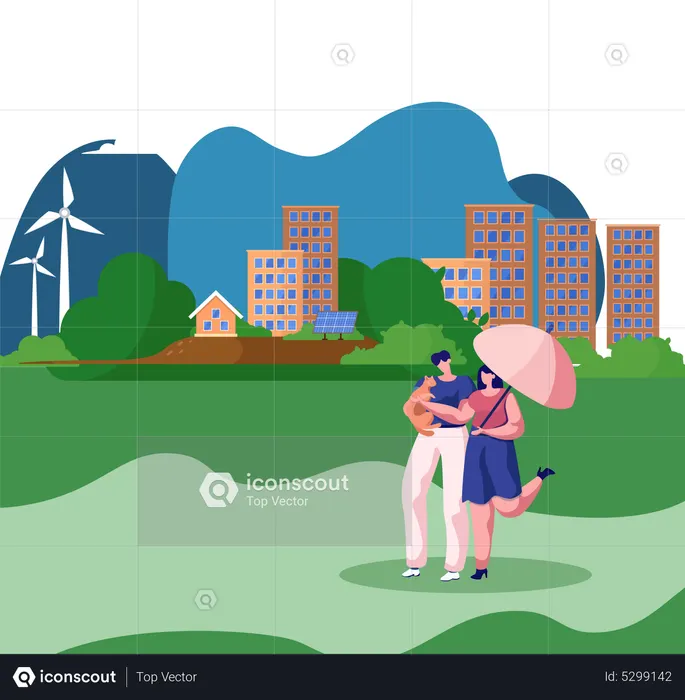 Couple walking with cat  Illustration