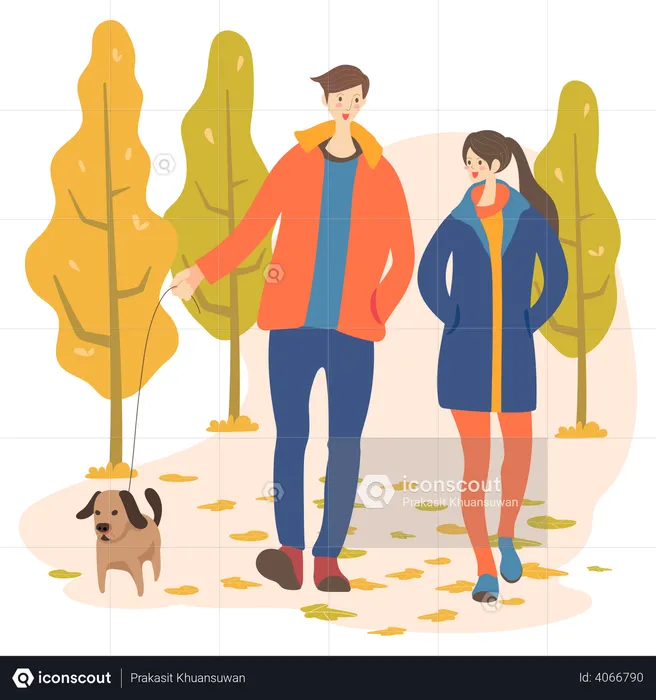 Couple walking with Dog  Illustration