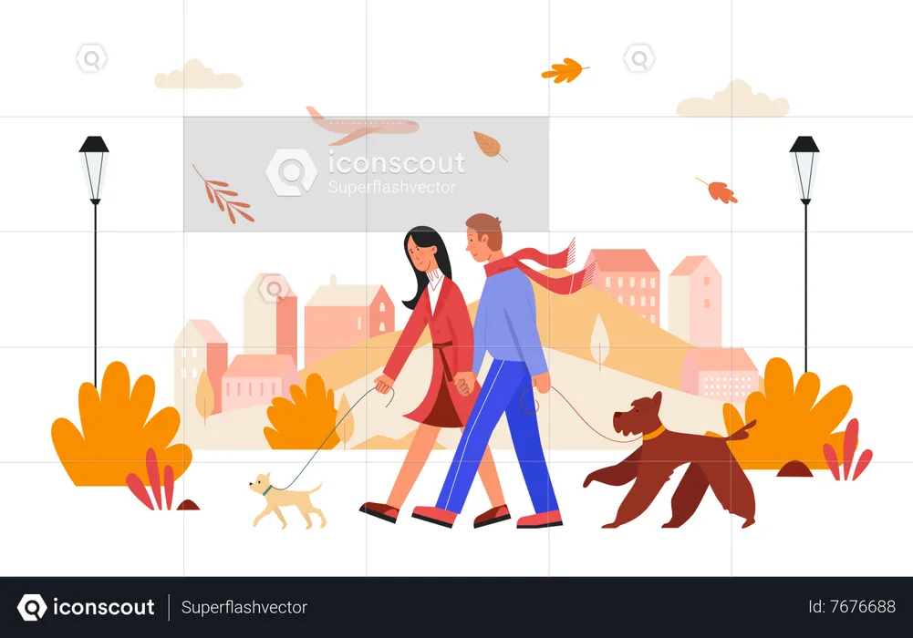 Couple walking with dog in autumn season  Illustration