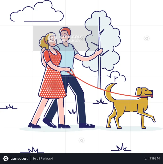 Couple walking with dog in the park  Illustration