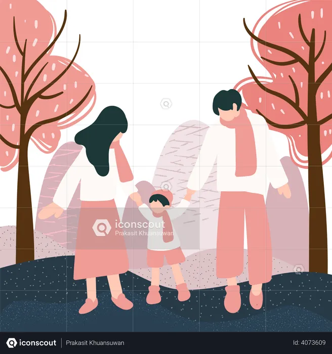 Couple walking with their kid  Illustration