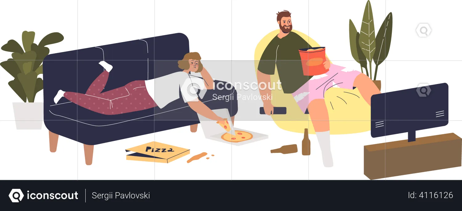 Couple watching movie with eating food  Illustration