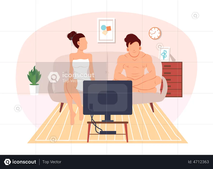 Couple watching TV after taking bath  Illustration