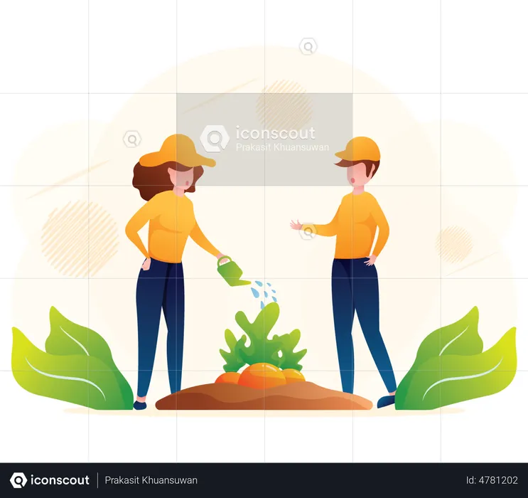 Couple watering plant  Illustration