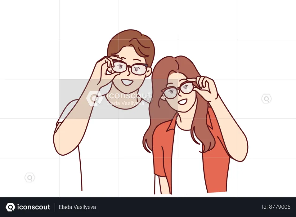 Couple wear eyeglasses to correct eye vision  Illustration