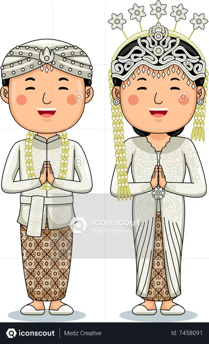 Un couple porte des salutations en tissu traditionnel, bienvenue dans l'ouest de Java  Illustration