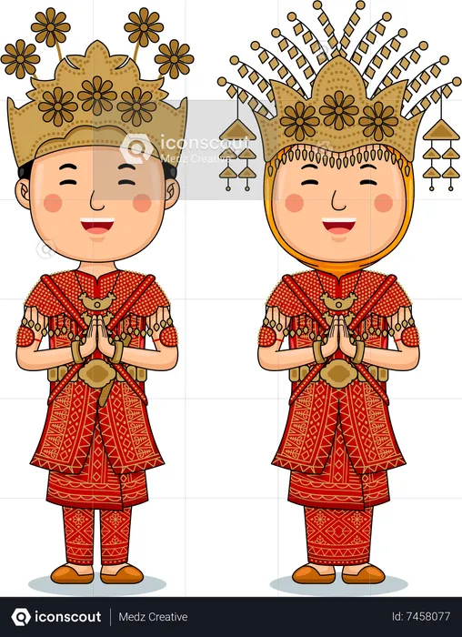 Un couple porte des salutations en tissu traditionnel, bienvenue dans le sud de Sumatra  Illustration