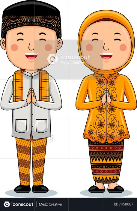 Couple wear Traditional Cloth greetings welcome to Jakarta  Illustration