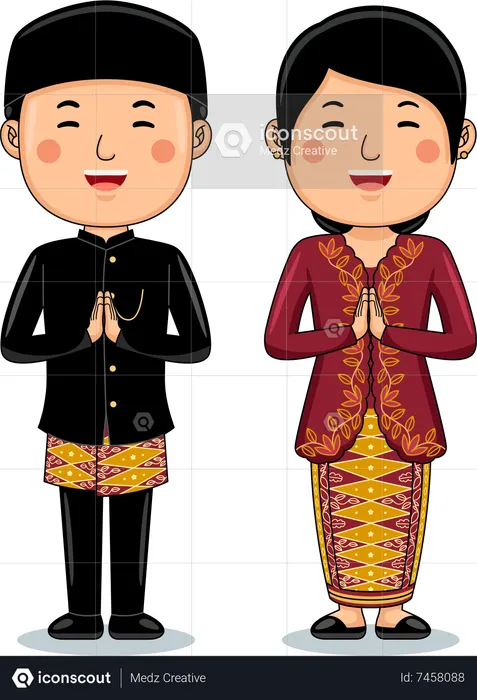 Couple wear Traditional Cloth greetings welcome to Jakarta  Illustration