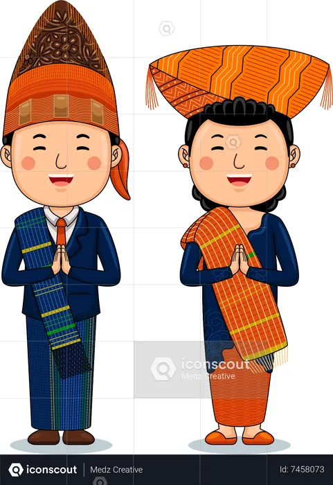 Couple wear Traditional Cloth greetings welcome to North Sumatra  Illustration