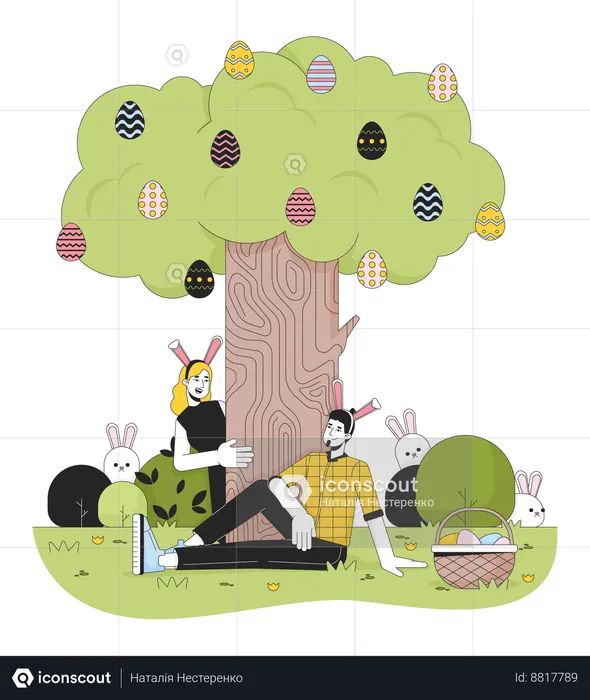 Couple wearing bunny ears in yard  Illustration