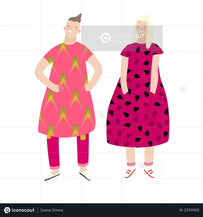 Couple wearing fruit dress in theme party  Illustration
