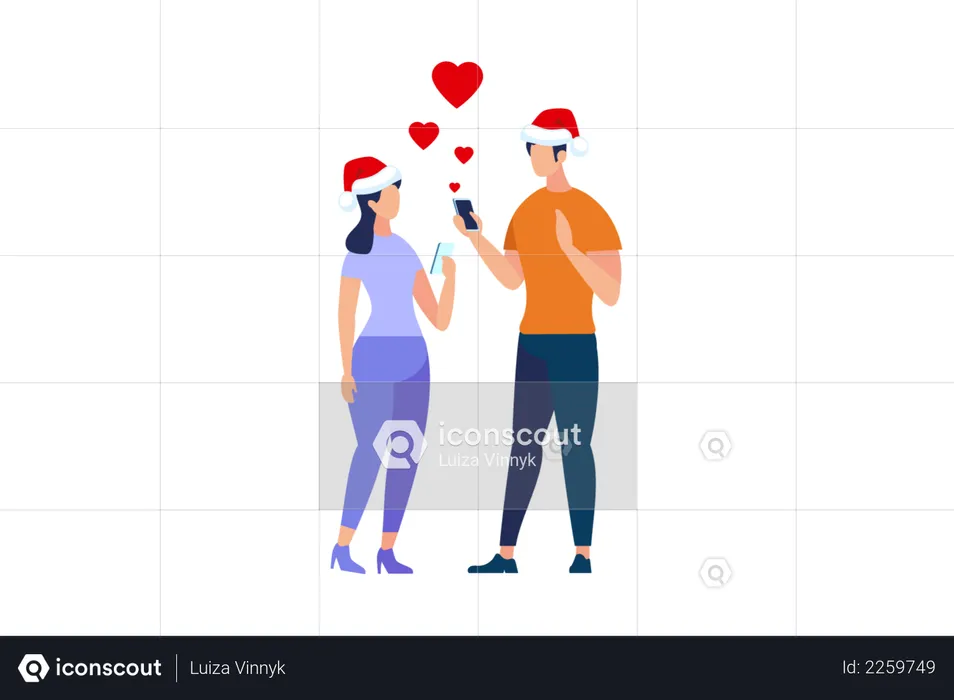Couple wearing Santa hat doing love chat  Illustration