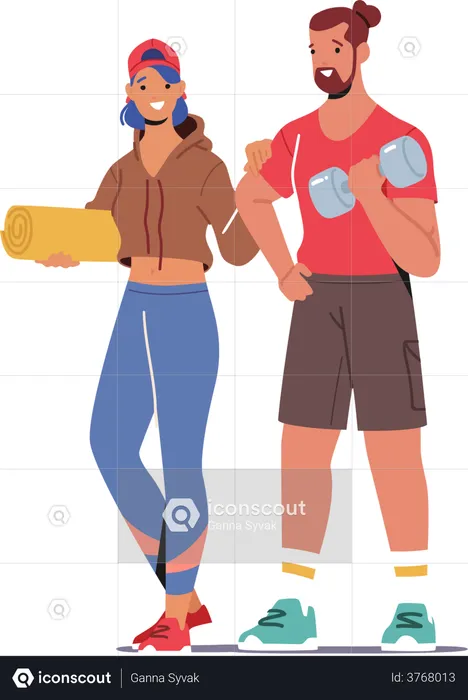Couple Wearing Sports Clothes and Sneakers Visiting Gym  Illustration